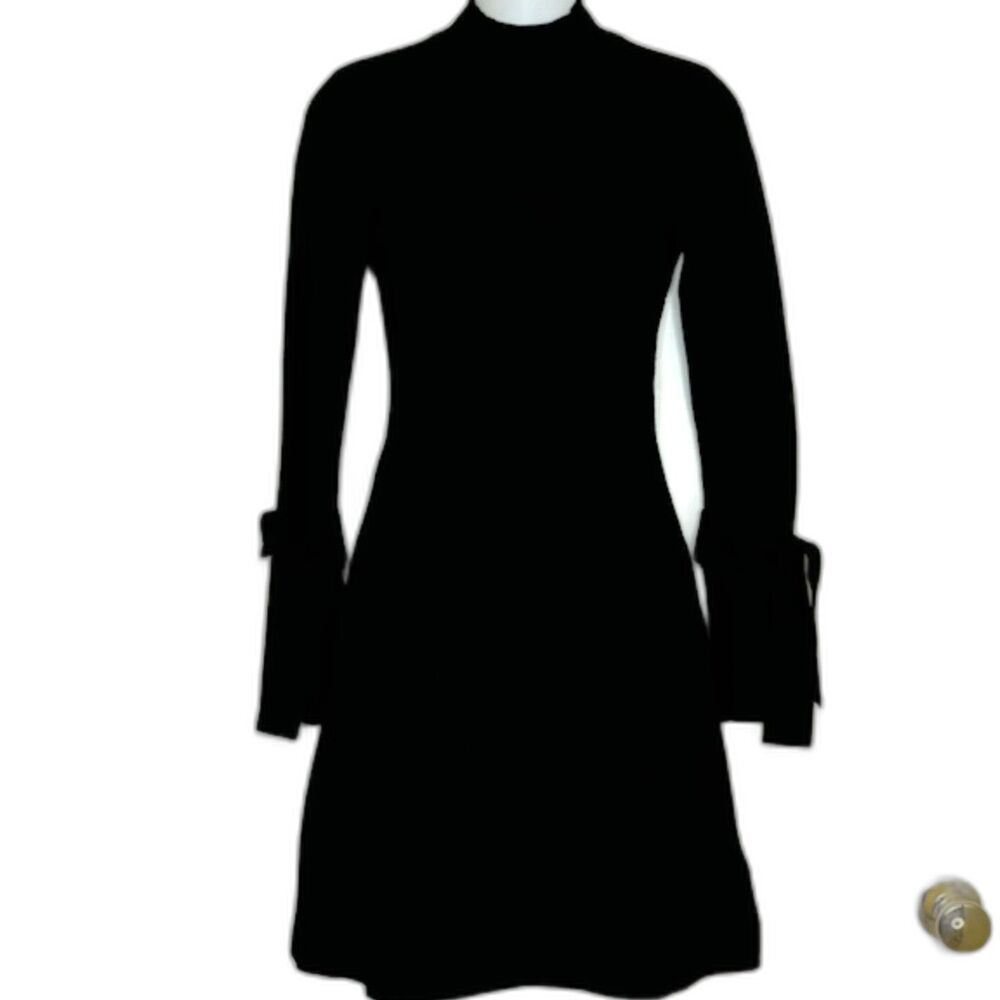 DESIGNER KAREN MILLEN BLACK MOCK NECK SWEATER KNIT DRESS TIE SLEEVES SIZE XS LBD